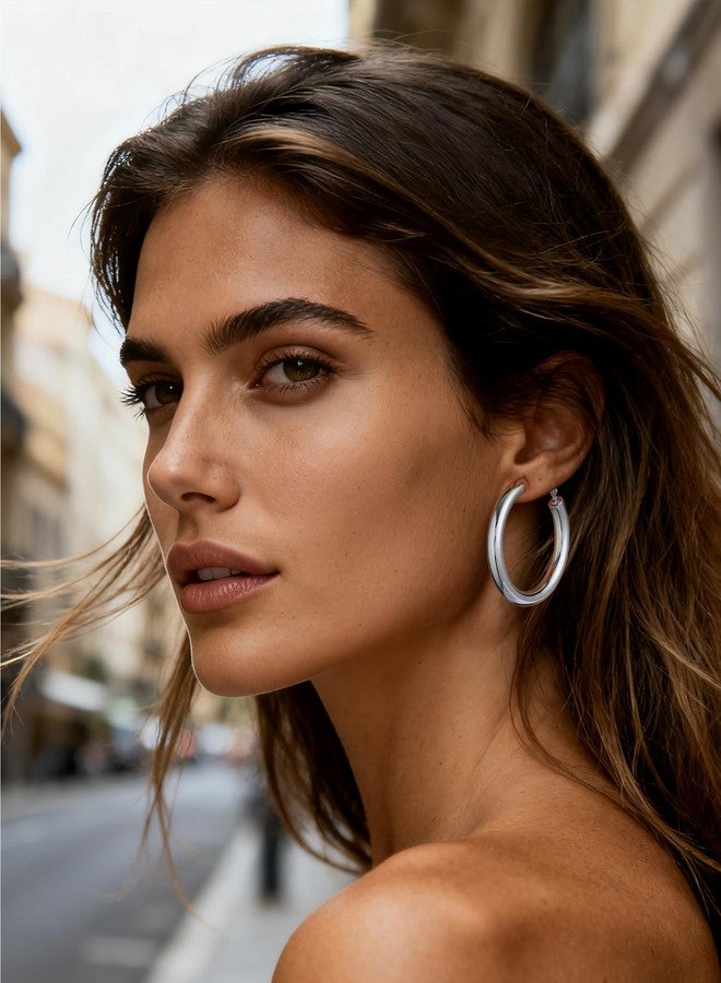 Bestyle 5mm Thick Large Silver Hoop Earrings Lightweight Chunky Hoop Earrings Hollow Tube Hypoallergenic Trendy Stainless Steel Earrings for Women 40mm - Image 2